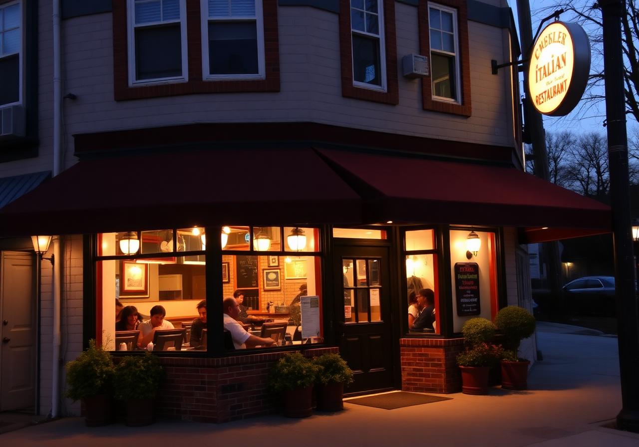 The exterior of Fieni's at dusk