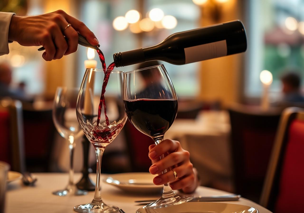 Pouring red wine into a crystal glass at Fieni's